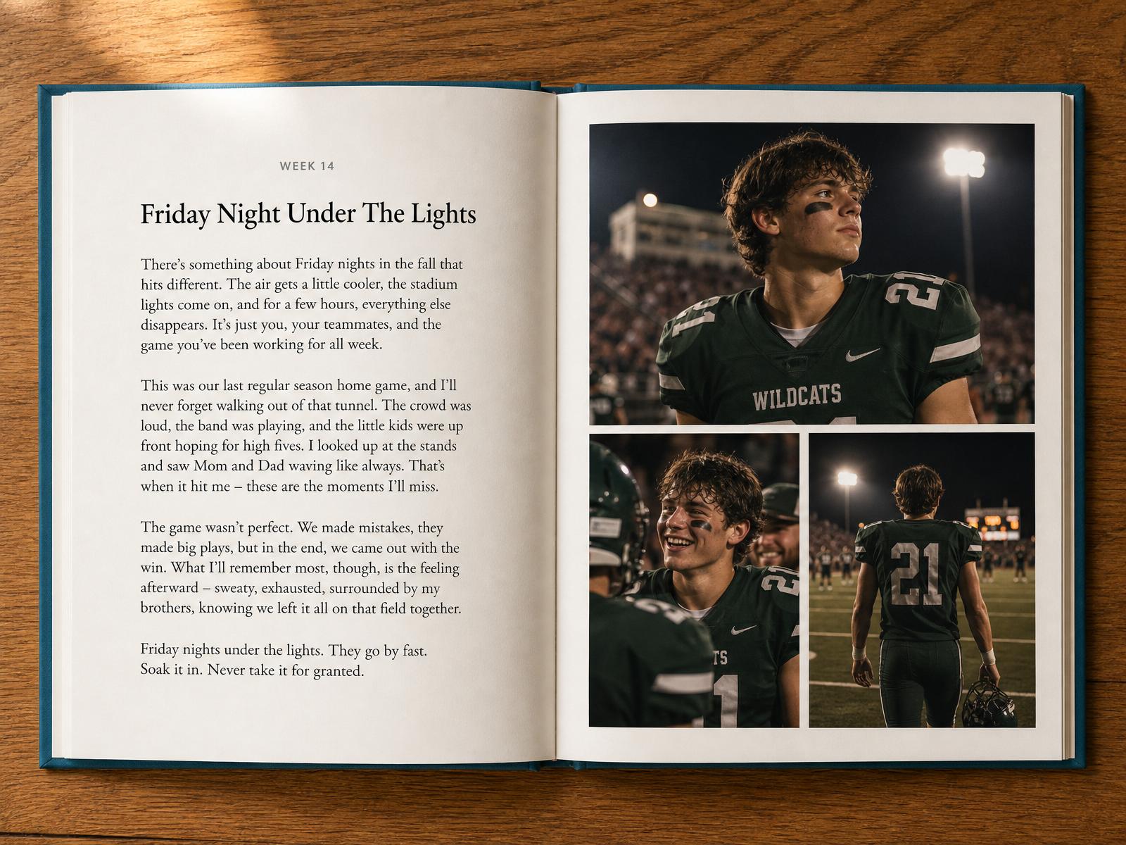 An open Cap & Caption book showing a written story on the left page and a photo collage on the right page.